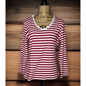 Peck And Peck Striped Nautical Coastal 100% Cotton Ruffle Shirt Women Size L NWT